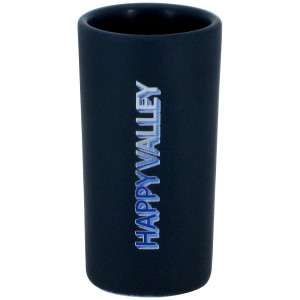 navy shot glass with Happy Valley going up the side